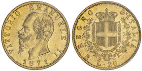 Vittorio Emanuele II 1861-1878 - Re d'Italia
20 Lire, Roma, 1871, AU 6.45 g.
Ref : Cud. 1190l (R2), MIR 1078m, Pag. 466, Fr.12
Conservation : Superbe....