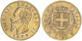 Vittorio Emanuele II 1861-1878 - Re d'Italia
20 Lire, Milano, 1872 M BN, AU 6.45 g.
Ref : Cud. 1190m (R2), MIR 1078, Pag. 467, Fr.12
Conservation : Su...