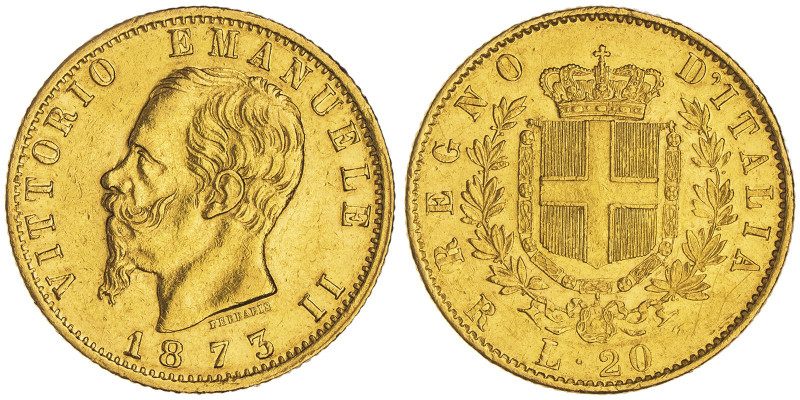 Vittorio Emanuele II 1861-1878 - Re d'Italia
20 Lire, Roma, 1873 R, AU 6.45 g.
R...