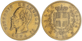 Vittorio Emanuele II 1861-1878 - Re d'Italia
20 Lire, Milano, 1874 M, AU 6.45 g.
Ref : Cud. 1190p, MIR 1078, Pag. 470, Fr.12
Conservation : traces de ...