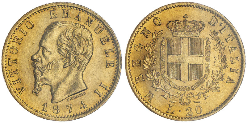 Vittorio Emanuele II 1861-1878 - Re d'Italia
20 Lire, Roma, 1874 R, AU 6.45 g.
R...