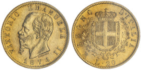 Vittorio Emanuele II 1861-1878 - Re d'Italia
20 Lire, Roma, 1874 R, AU 6.45 g.
Ref : Cud. 1190q (R), MIR 1078, Pag. 471, Fr.12
Conservation : Superbe....