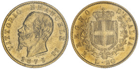 Vittorio Emanuele II 1861-1878 - Re d'Italia
20 Lire, Roma, 1875 R, AU 6.45 g.
Ref : Cud. 1190r (R), MIR 1078, Pag. 472, Fr.12
Conservation : presque ...