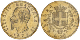 Vittorio Emanuele II 1861-1878 - Re d'Italia
20 Lire, Roma, 1876 R, AU 6.45 g.
Ref : Cud. 1190s, MIR 1078, Pag. 473, Fr.12
Conservation : rayures sino...