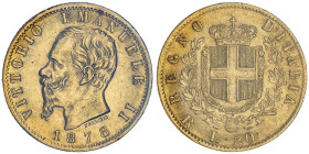 Vittorio Emanuele II 1861-1878 - Re d'Italia
20 Lire, Roma, 1878, AU 6.45 g.
Ref : Cud. 1190u, MIR 1078, Pag. 475, Fr.12
Conservation : TTB/SUP. Sigil...