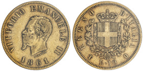 Vittorio Emanuele II 1861-1878 - Re d'Italia 10 Lire, Torino, 1861, B in scudetto, AU 3.22 g. 18 mm
Ref : Cud. 1191a (R4), MIR 1079a,
Pag. 476
Conserv...