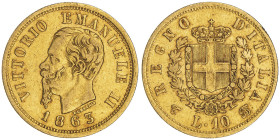 Vittorio Emanuele II 1861-1878 - Re d'Italia
10 Lire, Torino, 1863, AU 3.22 g. 
Ref : Cud. 1192b, MIR 1079, Pag. 477a
Conservation : TTB
