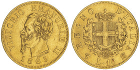 Vittorio Emanuele II 1861-1878 - Re d'Italia
10 Lire, Torino, 1865, AU 3.22 g. 18.5 mm
Ref : Cud. 1192d (R2), MIR 1079, Pag. 478
Conservation : TTB. R...