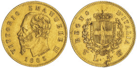 Vittorio Emanuele II 1861-1878 - Re d'Italia
5 Lire, 1865, AU 1.61 g.
Ref : Cud. 1193b (R2), MIR 1080, Fr. 15 Conservation : manque de métal sinon TTB...