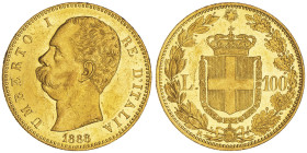 Umberto I 1878-1900
100 Lire, Roma, 1888 R, AU 32.25 g.
Ref : Cud. 1209d (R2), MIR 1096d, Pag. 570, Fr. 18
Conservation : SUP/FDC
Quantité : 1169 exem...