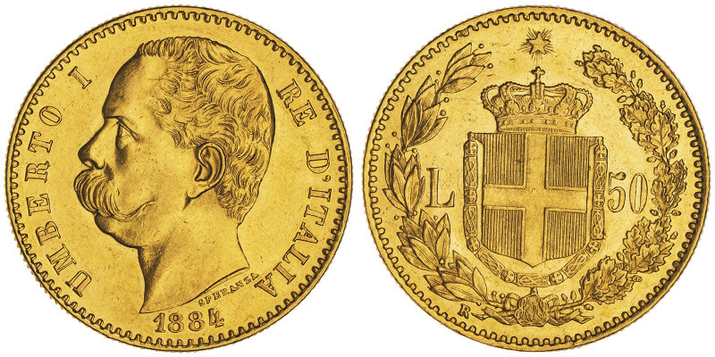 Umberto I 1878-1900
50 lire, Roma, 1884 R, AU 16.12 g.
Ref : Cud. 1210a (R), MIR...