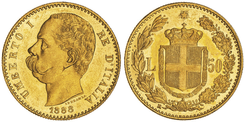 Umberto I 1878-1900
50 Lire, Roma, 1888 R, AU 16.12 g.
Ref : Cud. 1210b (R2), MI...