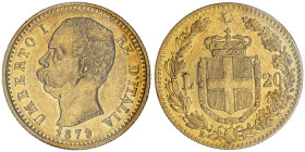 Umberto I 1878-1900
20 Lire, Roma, 1879 R, AU 6.45 g.
Ref : Cud. 1211a, MIR 1098, Pag. 575, Fr. 20
Conservation : TTB/SUP. Sigillata Montenegro.