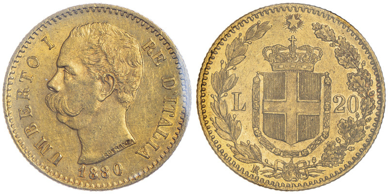 Umberto I 1878-1900
20 Lire, Roma, 1880 R, AU 6.45 g.
Ref : Cud. 1211b, MIR 1098...