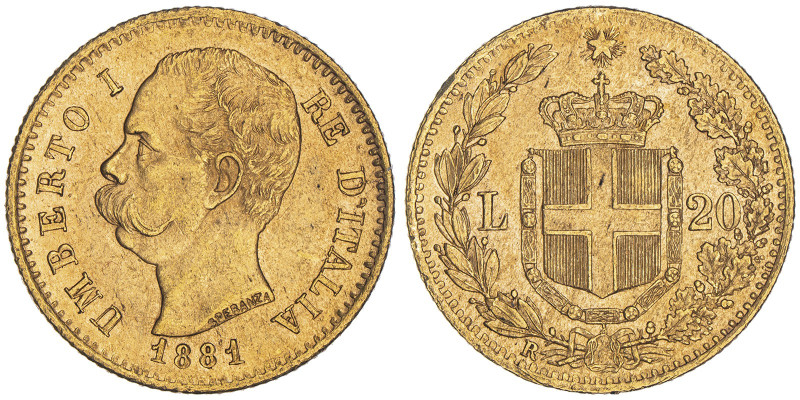 Umberto I 1878-1900
20 Lire oro rosso, Roma, 1881 R, AU 6.45 g. 
Ref : Cud. 1211...