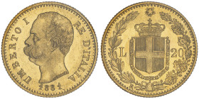 Umberto I 1878-1900
20 Lire, Roma, 1881 R, AU 6.45 g. 
Ref : Cud. 1211c, MIR 1098, Pag. 577, Fr. 20
Conservation : Superbe. Sigillata Montenegro.