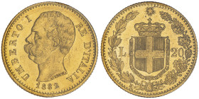 Umberto I 1878-1900
20 Lire, Roma, 1882 R, AU 6.45 g. 
Ref : Cud. 1211d, MIR 1098, Pag. 578, Fr. 20
Conservation : Superbe. Sigillata Montenegro.