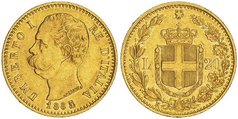 Umberto I 1878-1900
20 Lire, Roma, 1883 R, 3 sur 2, AU 6.42 g.
Ref : Cud. -, MIR...