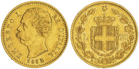 Umberto I 1878-1900
20 Lire, Roma, 1883 R, 3 sur 2, AU 6.42 g.
Ref : Cud. -, MIR -, Pag. -, Fr. - Conservation : Superbe. Rarissime