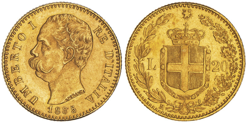 Umberto I 1878-1900
20 Lire oro rosso, Roma, 1885 R, AU 6.45 g. 
Ref : Cud. 1211...