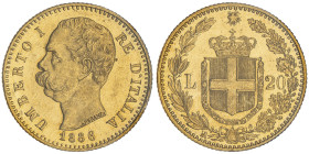 Umberto I 1878-1900
20 Lire, Roma, 1886 R, AU 6.45 g. 
Ref : Cud. 1211h, MIR 1098, Pag. 582, Fr. 20
Conservation : SUP/FDC. Sigillata Montenegro.