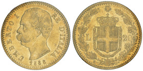 Umberto I 1878-1900
20 Lire, Roma, 1888 R, AU 6.45 g. 
Ref : Cud. 1211i, MIR 1098, Pag. 583, Fr. 20
Conservation : TTB/SUP. Sigillata Montenegro.