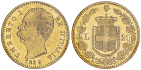 Umberto I 1878-1900
20 Lire, Roma, 1889 R, AU 6.45 g. 
Ref : Cud. 1211j, MIR 1098, Pag. 584, Fr. 20
Conservation : Superbe. Sigillata Montenegro.