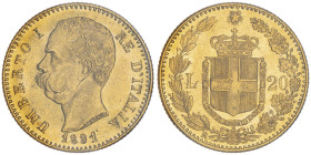 Umberto I 1878-1900
20 Lire, Roma, 1891 R, AU 6.45 g. 
Ref : Cud. 1211l, MIR 1098, Pag. 586, Fr. 20
Conservation : Superbe. Sigillata Montenegro.
