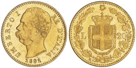 Umberto I 1878-1900
20 Lire, Roma, 1891 R, 1 sur 1 AU 6.43 g.
Ref : Cud. 1211l, MIR 1098,
Pag. 586, Fr. 21
Conservation : Superbe. Rare