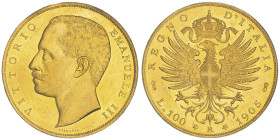 Vittorio Emanuele III 1900-1946
100 lire, Roma, 1905 R, AU 32.21 g.
Ref : Cud. 1227b (R2), MIR 1114c,
Pag. 639, Fr. 22 Conservation : anciennes traces...