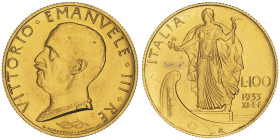 Vittorio Emanuele III 1900-1946
100 Lire, Roma, 1933, anno XI, AU 8.80 g 
Ref : Cud. 1231d (R), MIR 1118, Pag. 649, Fr.33
Conservation : nettoyage sin...