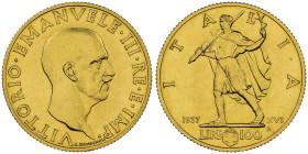 Vittorio Emanuele III 1900-1946
100 Lire, Roma, 1937 R, anno XVI, AU 8.80 g 
Ref : Cud. 1233a (R3), MIR 1120, Pag. 651
Conservation : NGC MS 63