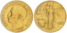 Vittorio Emanuele III 1900-1946
50 Lire, Roma, 1911 R, AU 16.13 g.
Ref : Cud. 1235a, MIR 1122a, Pag. 656, Fr. 25
Conservation : Superbe