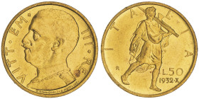 Vittorio Emanuele III 1900-1946
50 Lire, Roma, 1932, an X, AU e 4.40 g.
Ref : Cud. 1236c, MIR 1123, Pag. 659, Fr.34
Conservation : presque Superbe
