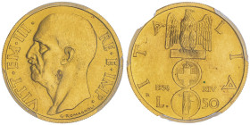 Vittorio Emanuele III 1900-1946
50 Lire Impero, Roma, 1936, anno XIV, AU 4.4 g.
Ref : Cud. 1237a (R2), MIR 1123d, Pag. 661, Fr. 37
Conservation : PCGS...