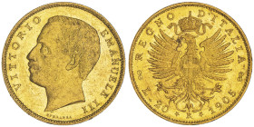 Vittorio Emanuele III 1900-1946
20 Lire, Roma, 1905 R, AU 6.45 g.
Ref : Cud. 1238d, MIR 1125d, Pag. 664, Fr. 24
Conservation : Superbe