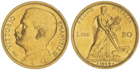 Vittorio Emanuele III 1900-1946
20 lire, Roma, 1912 R, AU 6.45 g.
Ref : Cud. 1239b, MIR 1126b, Pag. 667, Fr. 28
Conservation : presque Superbe