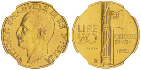 Vittorio Emanuele III 1900-1946
20 lire, Roma, 1923 Prova, AU 6.45 g.
Ref : Pag.188 Conservation : NGC MS 61. Rarissime