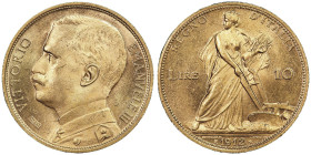 Vittorio Emanuele III 1900-1946
10 Lire Aratrice, Roma, 1912 R, AU 3.22 g.
Ref : Cud. 1245b (R3), MIR 1131b , Pag. 688, Fr. 29
Conservation : PCGS MS ...
