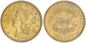 20 Dollars, San Francisco, 1862 S, AU 33.43 g. 
Ref : Fr. 175, KM#74.2
Conservation : NGC AU 58