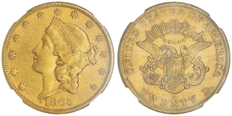 20 Dollars , San Francisco, 1865 S, AU 33.43 g.
Ref : Fr. 175, KM#74.2
Conservat...