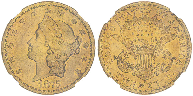 20 Dollars , San Francisco, 1875 S, AU 33.43 g.
Ref : Fr. 175, KM#74.2
Conservat...