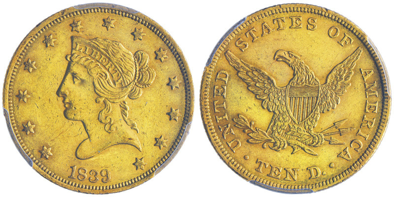10 Dollars, Philadelphia, 1839/8, 9 SUR 8, AU 16.72 g.
Ref : Fr.154, KM#66.1
Con...