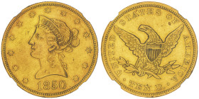 10 Dollars, Philadelphia, 1850 Large date , AU 16.72 g.
Ref : Fr.155, KM#66.2
Conservation : NGC AU 58
