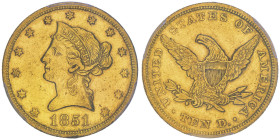 10 Dollars, Philadelphia, 1851 , AU 16.72 g.
Ref : Fr.155, KM#66.2
Conservation : PCGS AU 50