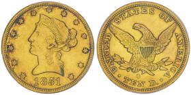 10 Dollars, New Orleans, 1851 O , AU 16.72 g.
Ref : Fr.156, KM#66.2
Conservation : PCGS AU 55