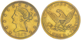 10 Dollars, Philadelphia, 1852 , AU 16.72 g.
Ref : Fr.155, KM#66.2
Conservation : PCGS XF 45