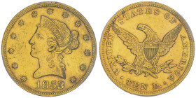 10 Dollars, Philadelphia, 1853 , AU 16.72 g.
Ref : Fr.155, KM#66.2
Conservation : PCGS AU 53