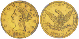 10 Dollars, Philadelphia, 1853/'2', 3 sur 2, AU 16.72 g.
Ref : Fr.155, KM#66.2
Conservation : PCGS AU 55