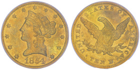 10 Dollars, Philadelphia, 1854, AU 16.72 g.
Ref : Fr.155, KM#66.2
Conservation : PCGS AU 55